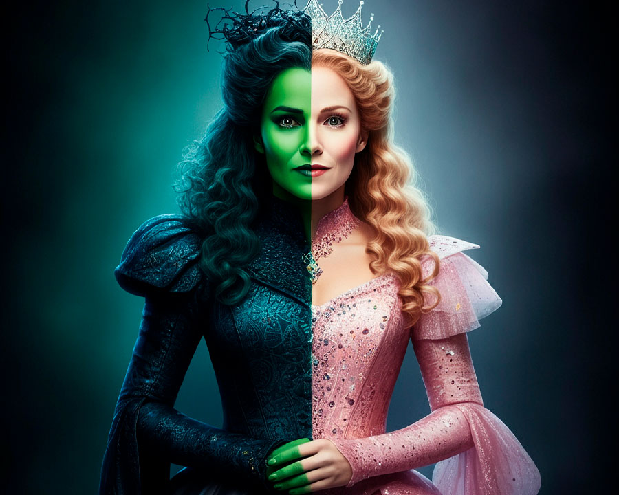 Half green half pink witch