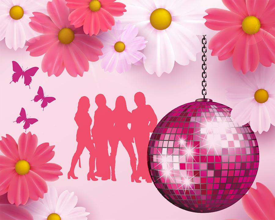 Pink silhouette of ABBA with glitter ball and flowers