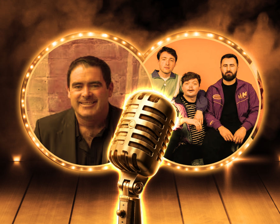 Two circular images of comedians with a microphone at the front and stage in the background